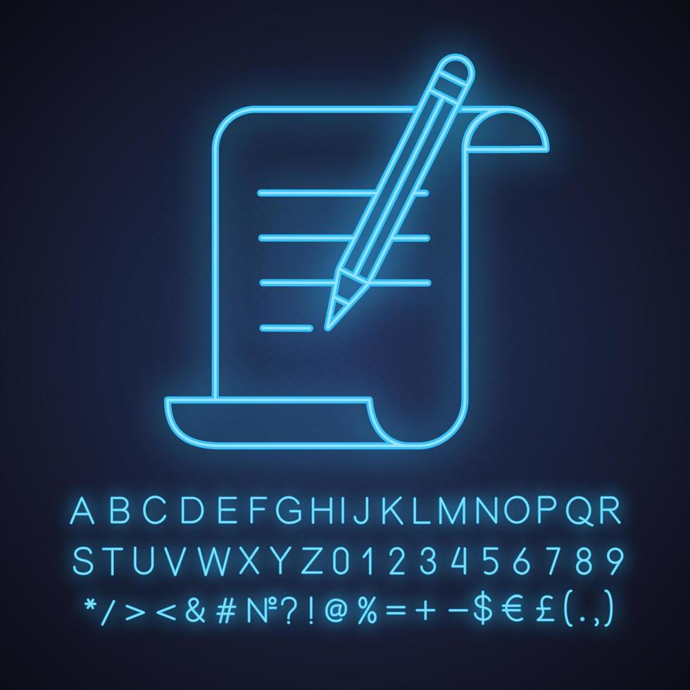 papier scroll met tekst en potlood neon licht icoon. handschrift. document, certificaat, manuscript. gloeiend bord met alfabet, cijfers en symbolen. vector geïsoleerde illustratie