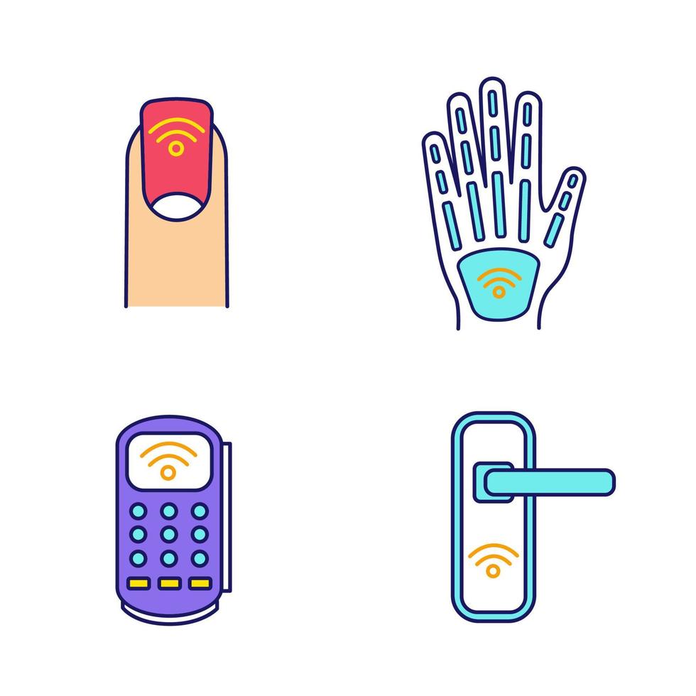 NFC-technologie gekleurde pictogrammen instellen. near field manicure, handimplantaat, pos-terminal, deurslot. geïsoleerde vectorillustraties vector