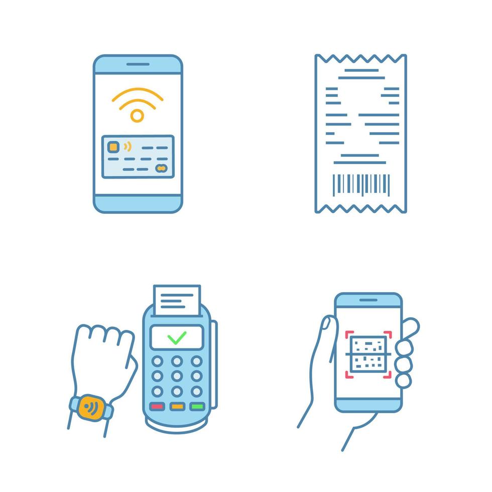 NFC betaling kleur pictogrammen instellen. kassabon, qr-codescanner, nfc-smartphone en smartwatch. geïsoleerde vectorillustraties vector