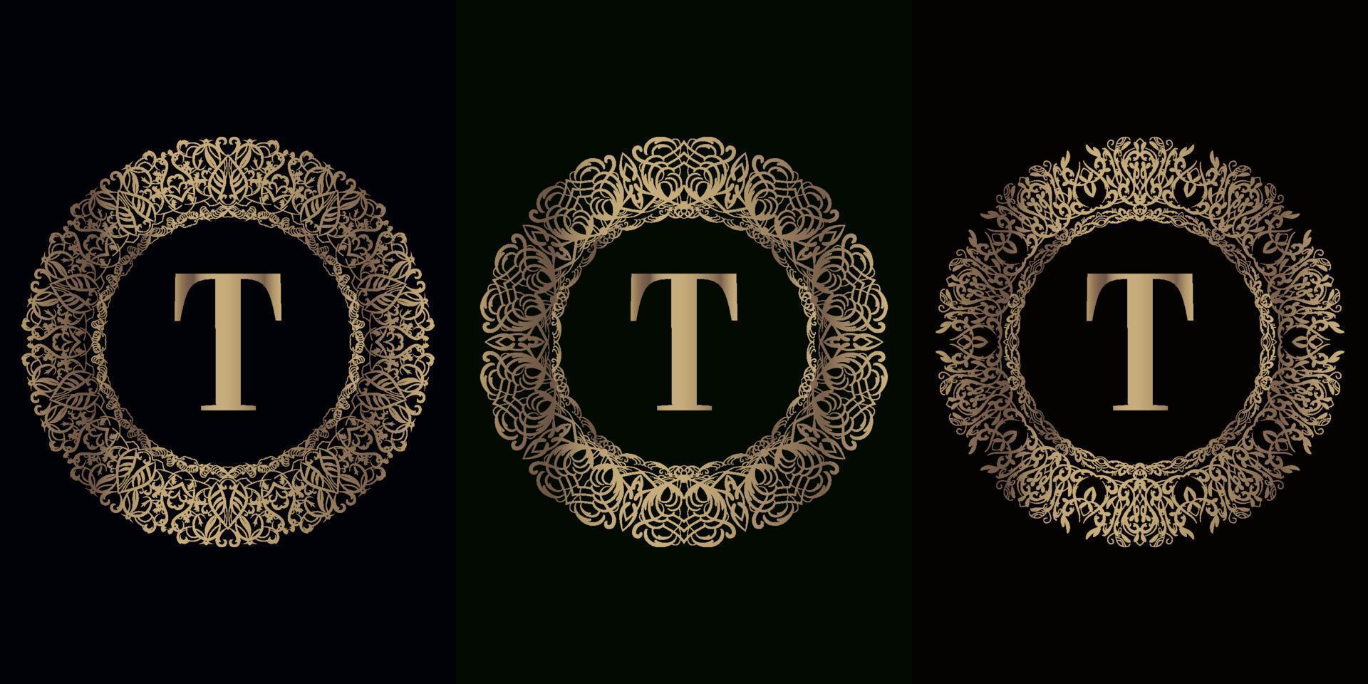 verzameling van logo initial t met luxe mandala ornament frame vector