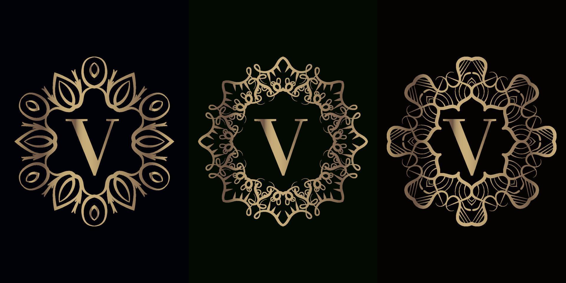 verzameling van logo initial v met luxe mandala ornament frame vector