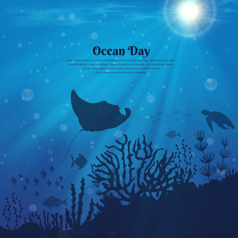 wereld oceanen dag achtergrond met zonlicht, pijlstaartrog, schoolvissen en schildpad. oceanen dag ontwerp vectorillustratie vector