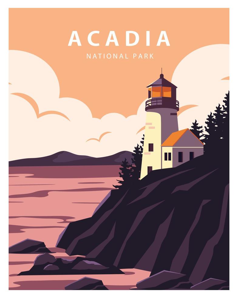 acadia nationaal park achtergrond. platte cartoon vectorillustratie in gekleurde stijl. vector