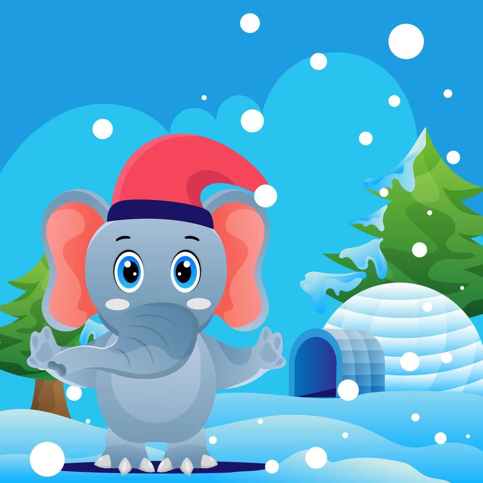 olifant schattige kerstkaart met dieren, met de hand getekende stijl. vectorkerstmisillustratie met sneeuwlandschapornament en schattige dieren vector