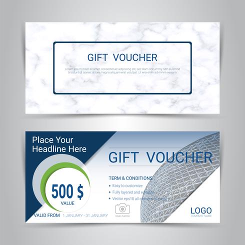 Cadeaubonnen en vouchers, kortingsbon of banner websjabloon met marmeren textuur imitatie achtergrond. vector