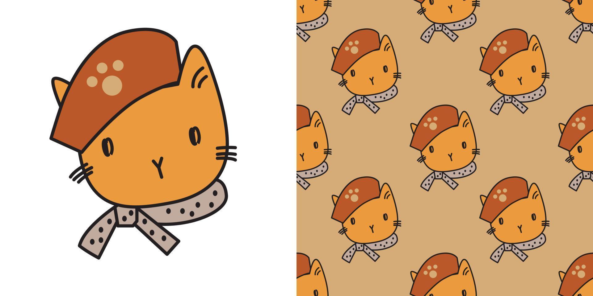 kat schattig tekenfilms patroon. kattenkarakter die een hoed en een sjaal op bruine achtergrond dragen. het naadloze schattige patroon in een meisje, baby mode geïsoleerde kat doodle. vectorontwerp voor mode, achtergrond. vector