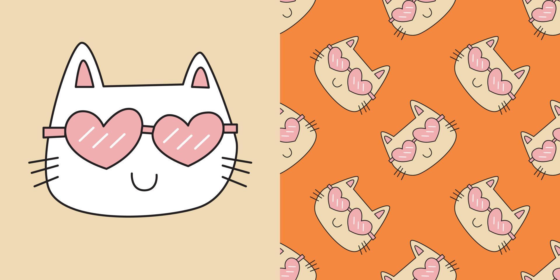 kat schattig tekenfilms patroon. kat met een hartvormige bril op een witte, oranje achtergrond. het naadloze schattige patroon en één teken voor t-shirt vectorontwerp voor mode, behang, inpakpapier. vector