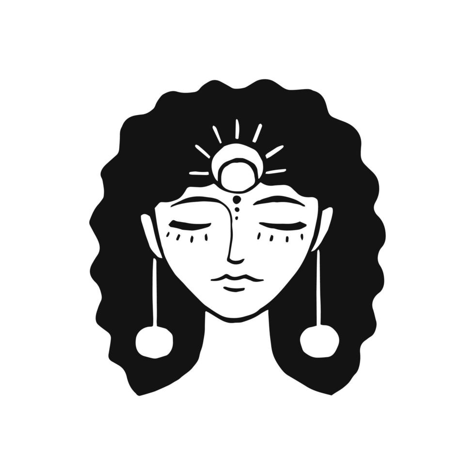 jong mooi meisje met lang haar. esoterisch symbool van een vrouw, zon. vectorillustratie geïsoleerd op een witte achtergrond vector