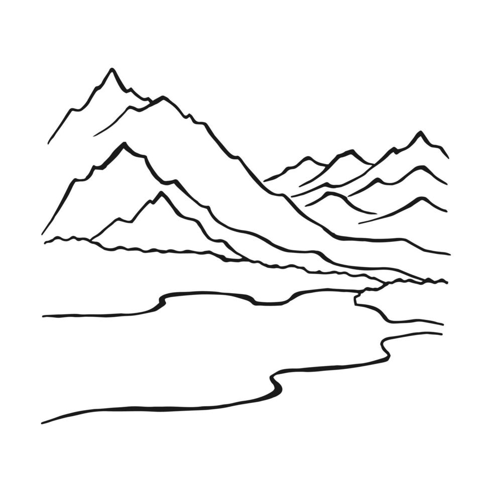 landschap met bergen en bos. handgetekende illustratie geconverteerd naar vector. vector