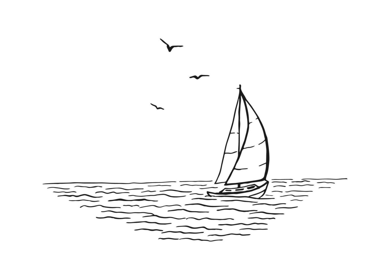 zeegezicht. landschap, zee, zeilboot, meeuwen. handgetekende illustratie geconverteerd naar vector. vector