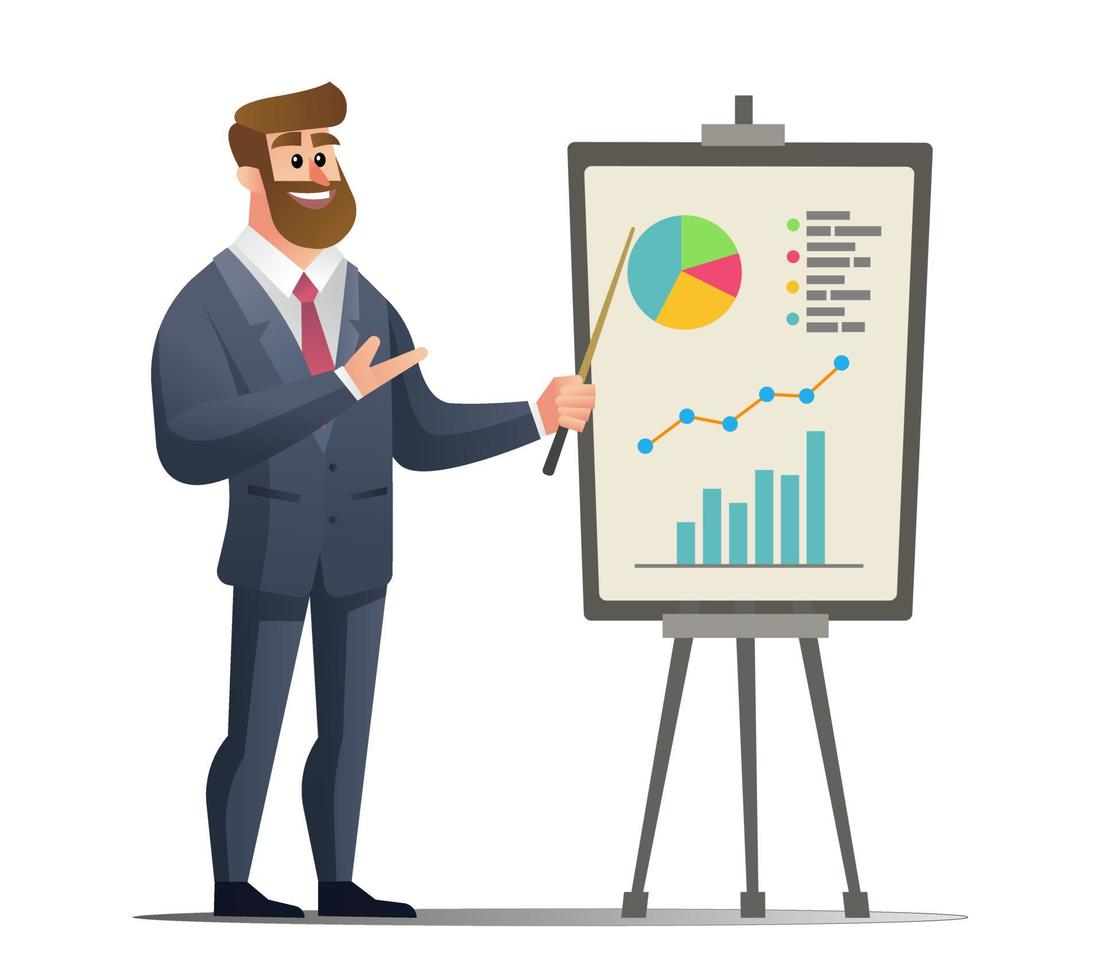 zakenman presenteren diagram grafiek marketingconcept. zakenman karakter. cartoon bebaarde manager die financiële resultaten presenteert vector