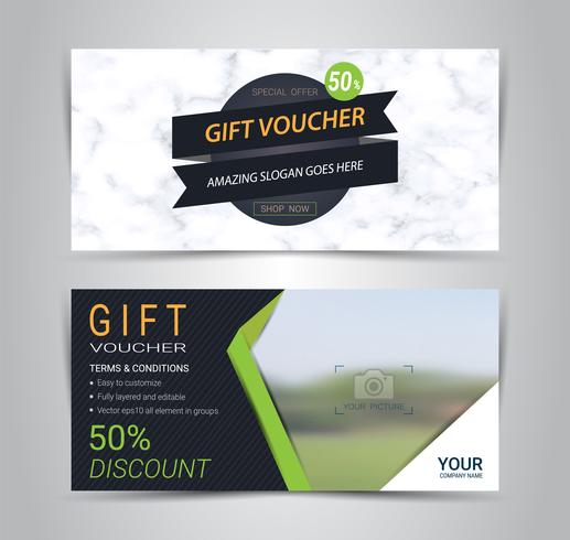 Cadeaubonnen en vouchers kaarten, kortingsbon of banner websjabloon met marmeren textuur imitatie. vector