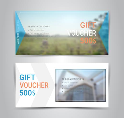 Cadeaubonnen en vouchers, kortingsbon of banner websjabloon met onscherpe achtergrond. vector