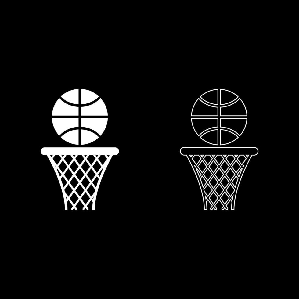 basketbal mand en bal hoepel net en bal pictogram overzicht set witte kleur vector illustratie vlakke stijl afbeelding