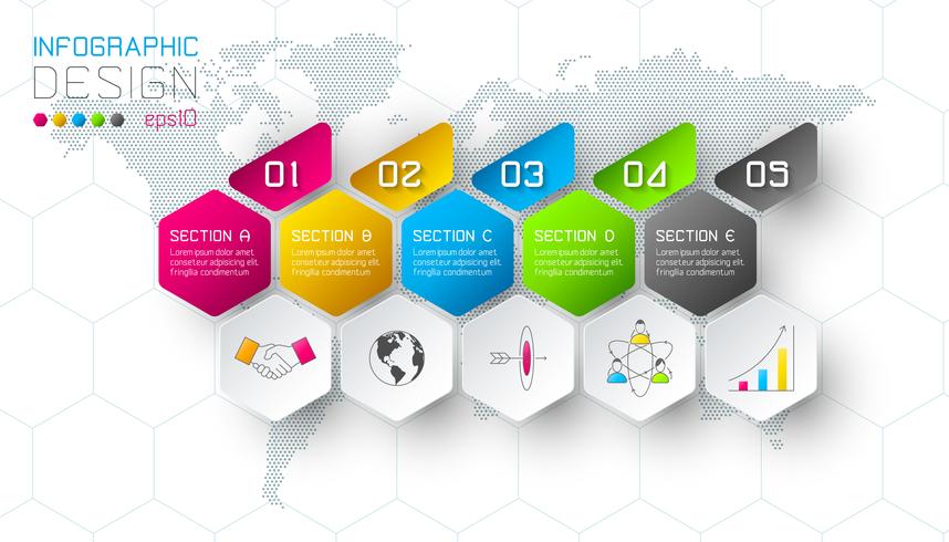 Zakelijke hexagon-labels vormen een infographic-groepenbalk. vector