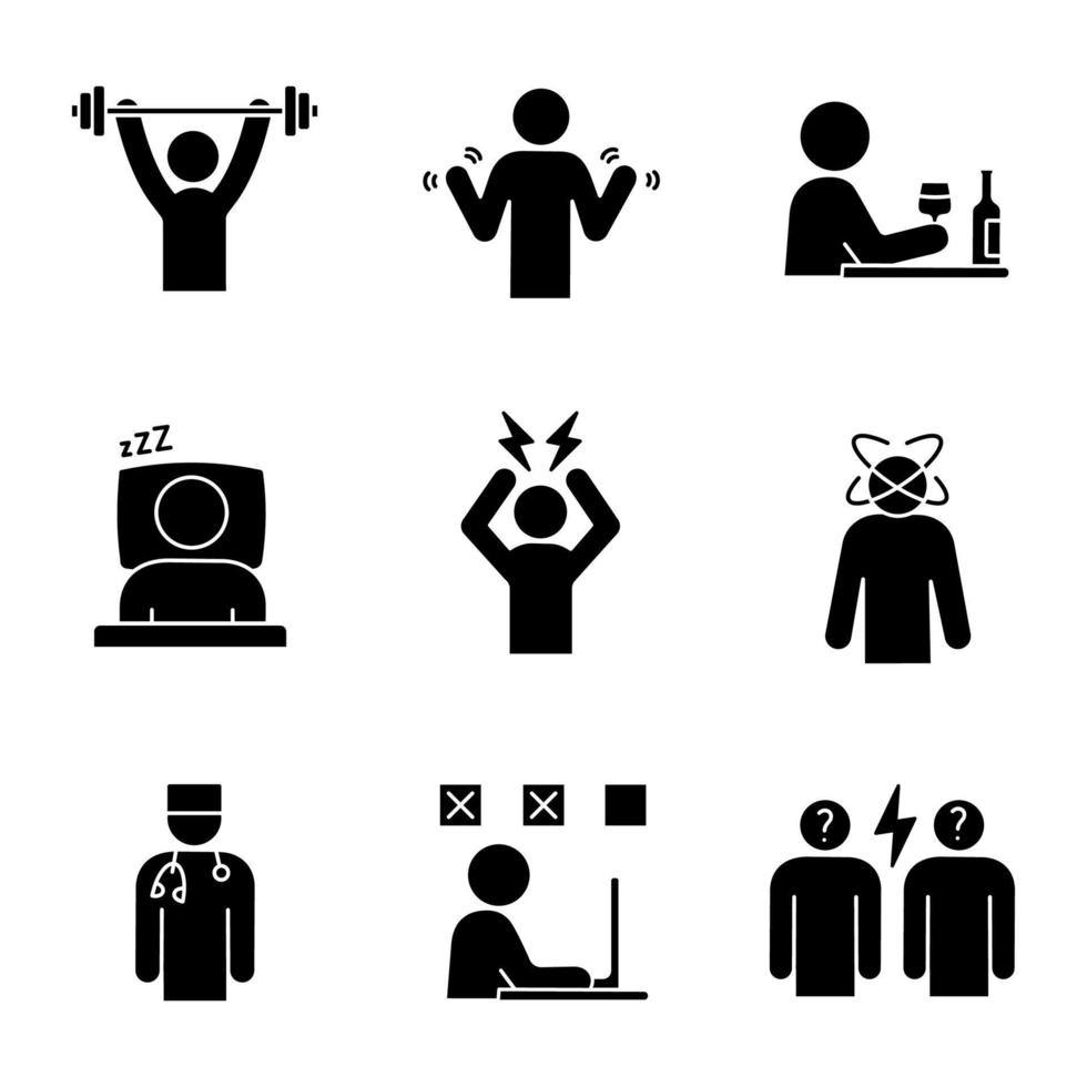 emotionele stress glyph pictogrammen instellen. sportoefening, trillende handen, duizeligheid, slaap, hoofdpijn, conflict, alcoholisme, fouten maken, dokter. silhouet symbolen. vector geïsoleerde illustratie