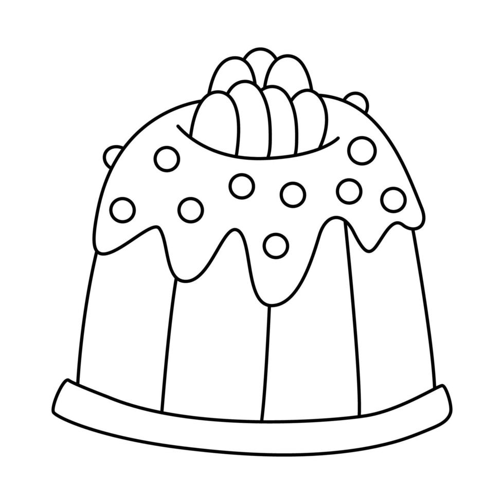 paascake versierd met kleine eieren, glazuur en jelly beans in doodle-stijl. geweldig voor pasen wenskaarten, kleurboeken. hand getekende illustratie zwarte omtrek. vector