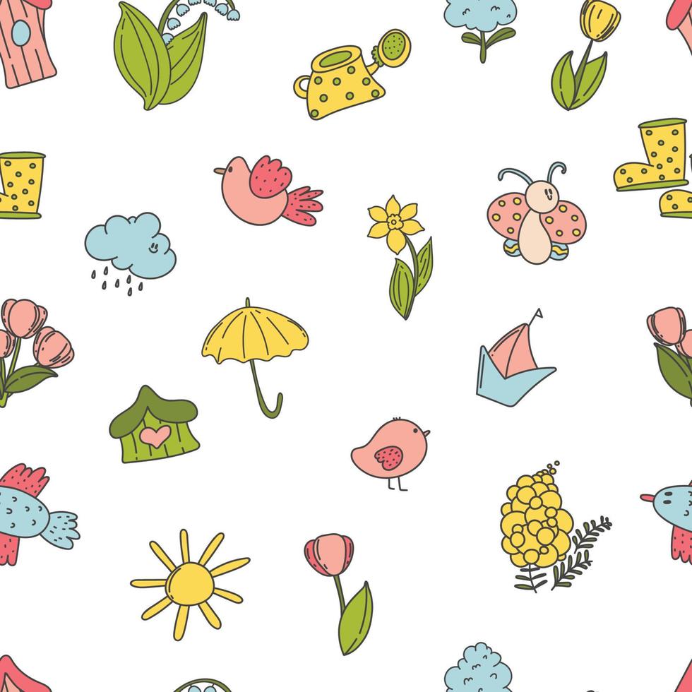 hallo lente naadloos patroon met schattige bloemen, vogels, zon, wolk seizoensgebonden illustraties. tuin achtergrond vector