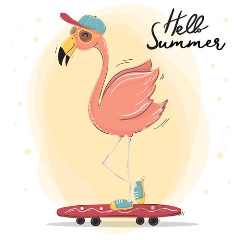 schattige roze flamingo slijtage cap en zonnebril skateboarden, zomertijd karakter vector