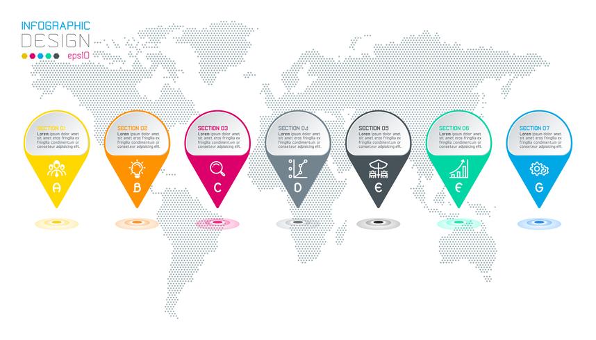 Zeven cirkels met bedrijfspictograminfographics op de achtergrond van de wereldkaart. vector