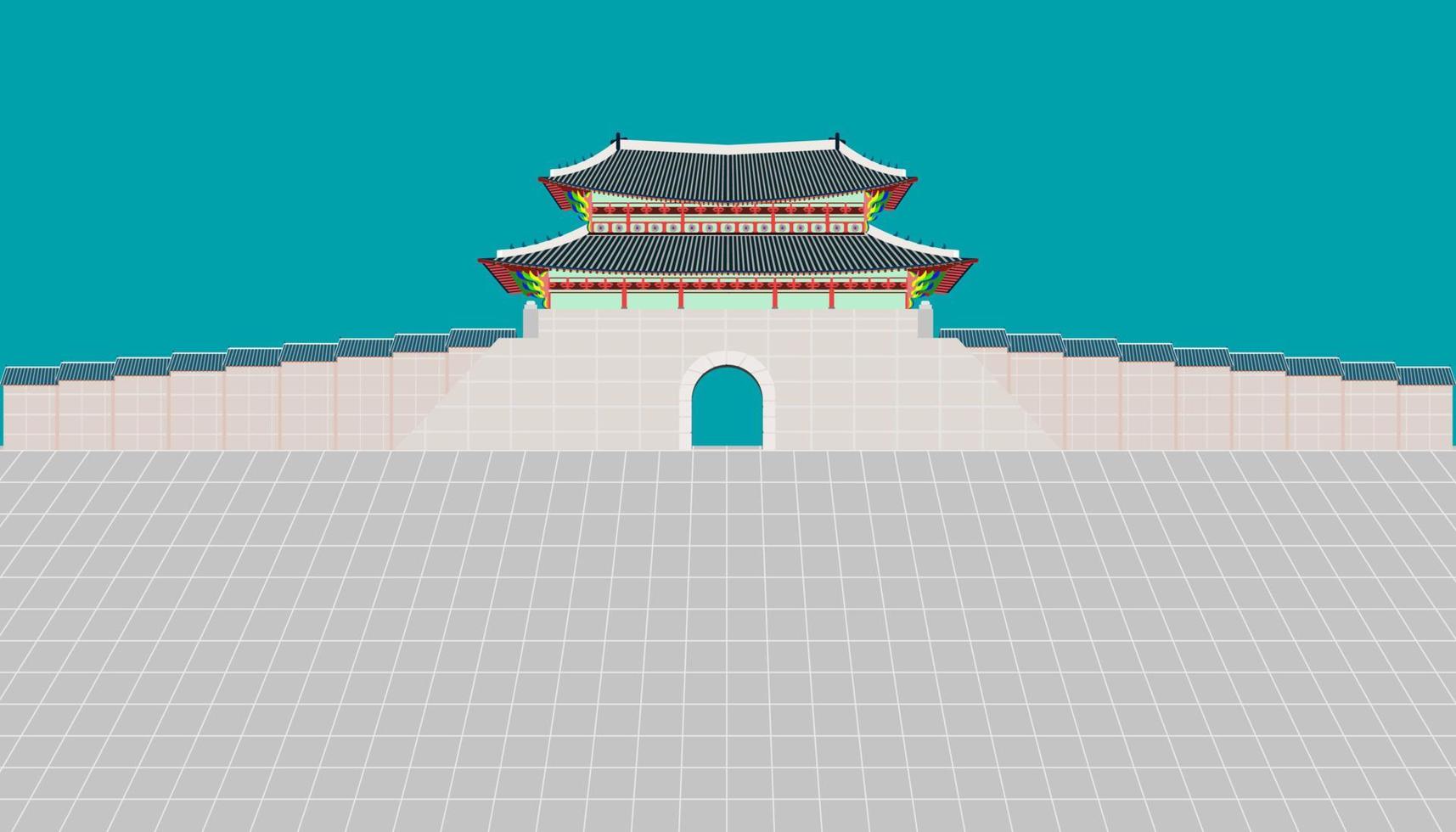 sungnyemun poort en lange muur en grote binnenplaats bij changedoekgung paleis in seoul zuid-korea vector illustratie eps10