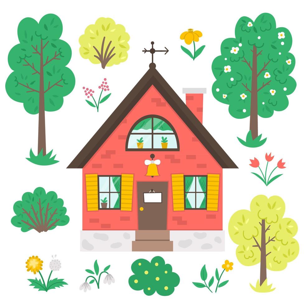vector set met tuin of bomen, planten, bloemen en landhuis geïsoleerd op een witte achtergrond. platte lente boerderij illustratie met huisje. natuurlijke groen pictogrammen collectie