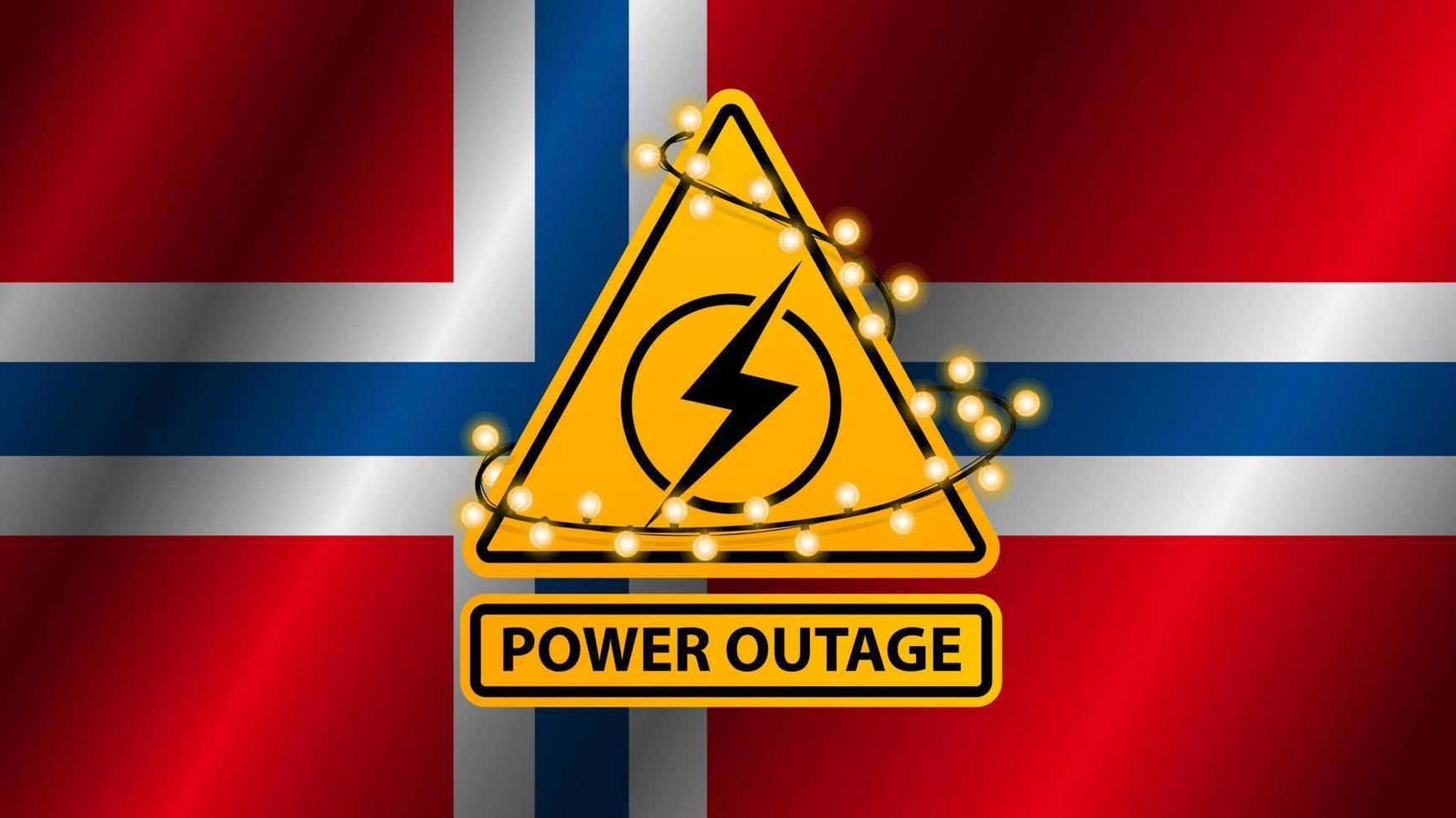 stroomstoring, geel waarschuwingsbord omwikkeld met slinger op de achtergrond van de vlag van noorwegen vector