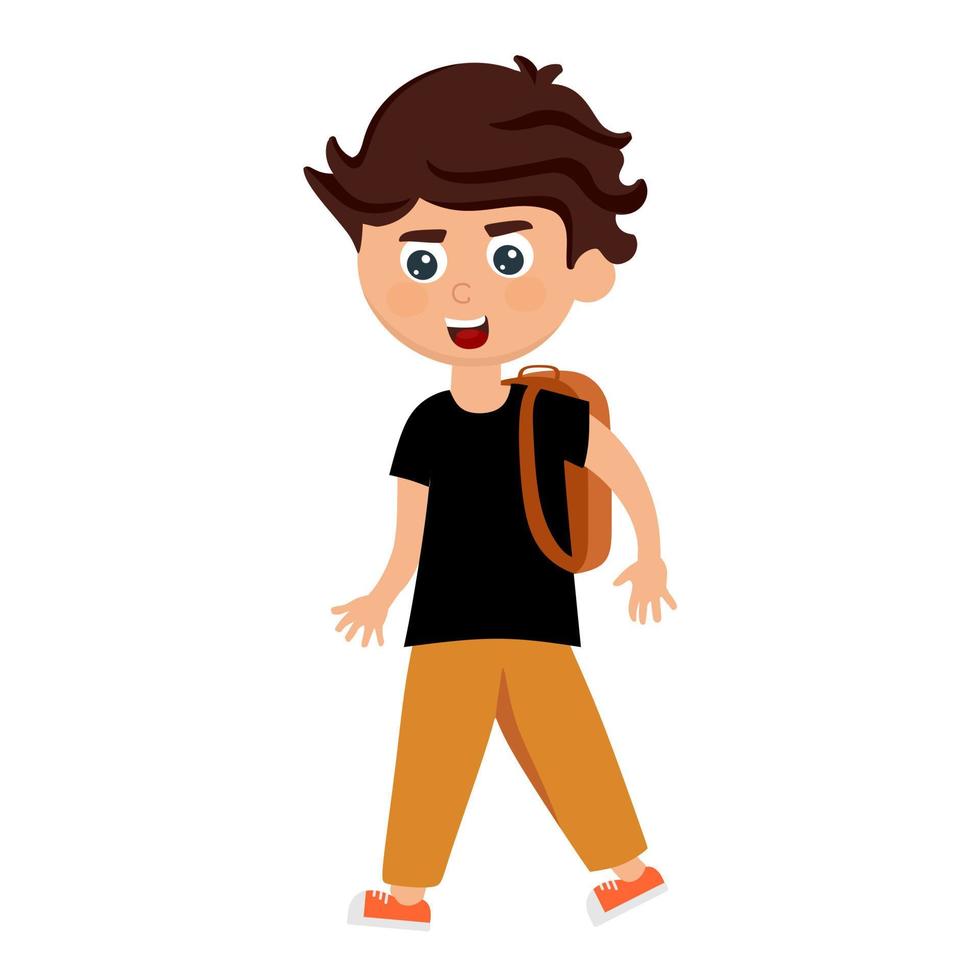 een vrolijke jongen in een zwart t-shirt met een rugzak in een cartoon-stijl. vectorillustratie. vector