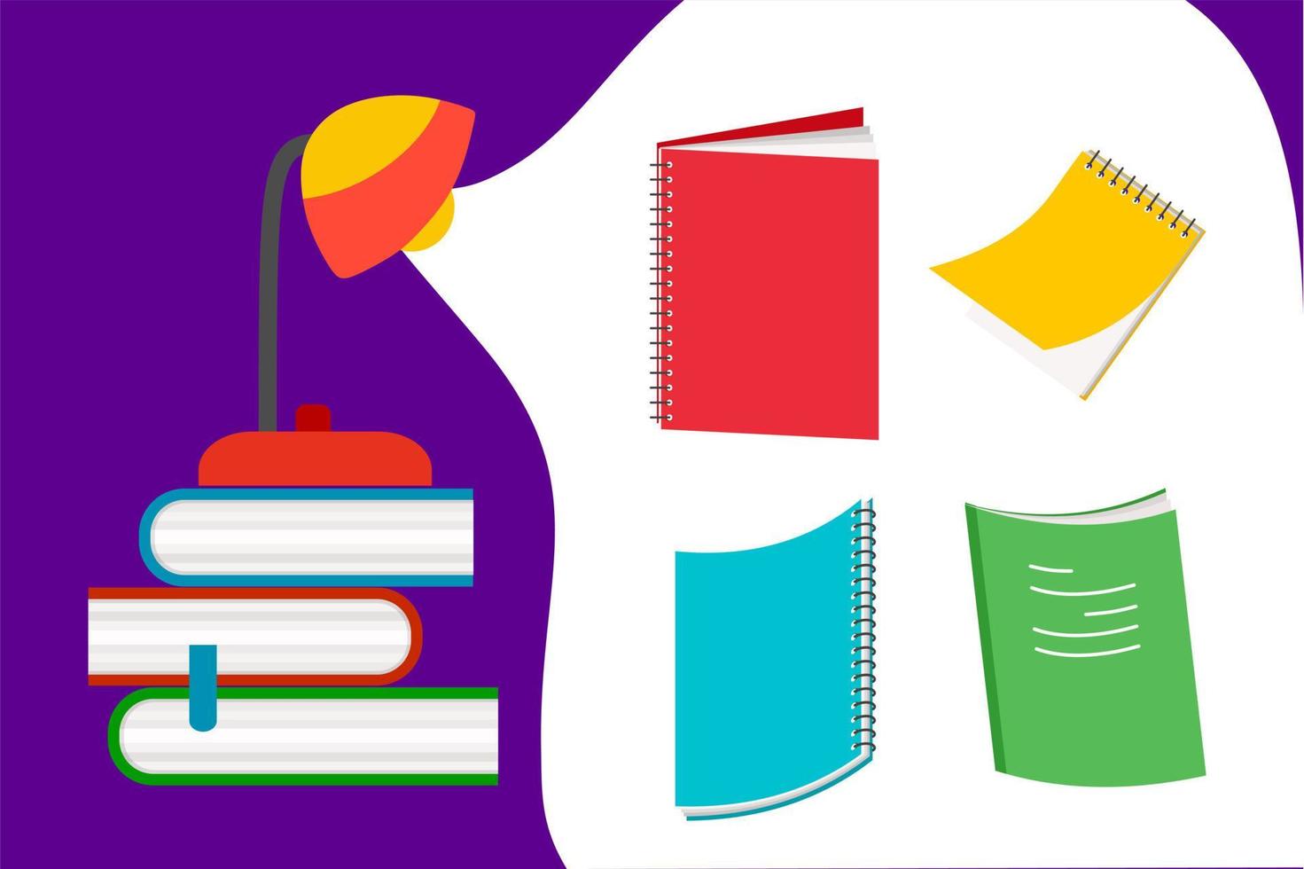 set boeken, tafellamp, notebook, notitieblok. schoolbenodigdheden in een platte stijl. vector