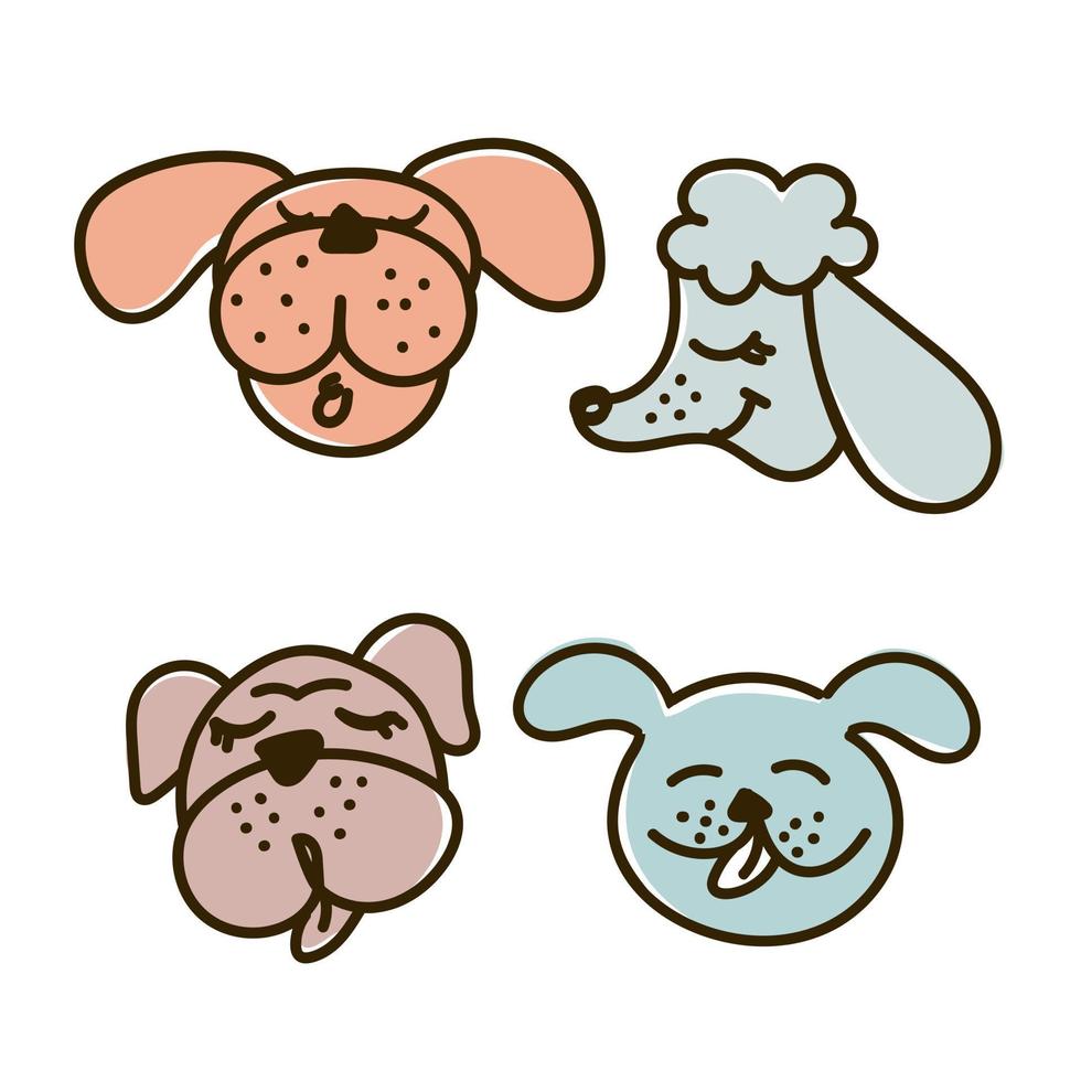 grappige honden set van 4 stuks op een witte achtergrond, bulldog, beagle en poedel vectorillustratie in een vlakke stijl. voor gebruik bij het bedrukken van souvenirs, ansichtkaarten en textiel. vector