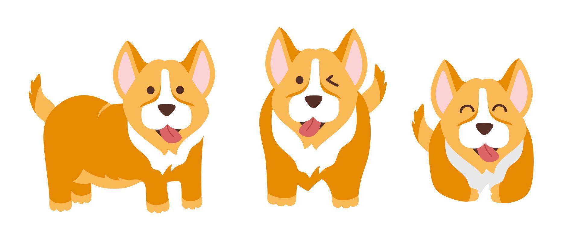 grappige corgi set van 3 honden, vectorillustratie in een vlakke stijl. voor gebruik bij het bedrukken van souvenirs, ansichtkaarten en textiel. vector