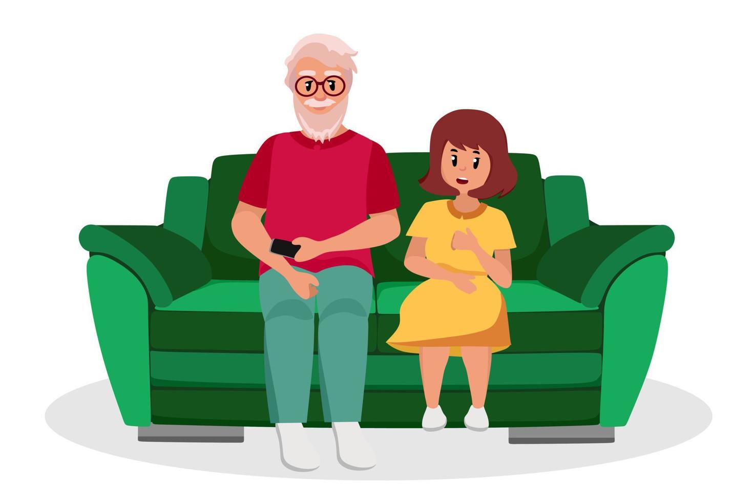 de oudere man is een opa met een kleindochter die op de bank zit. ouderen zijn stripfiguren. oude leeftijd. vectorillustratie van een vlakke stijl, geïsoleerd op een witte achtergrond vector
