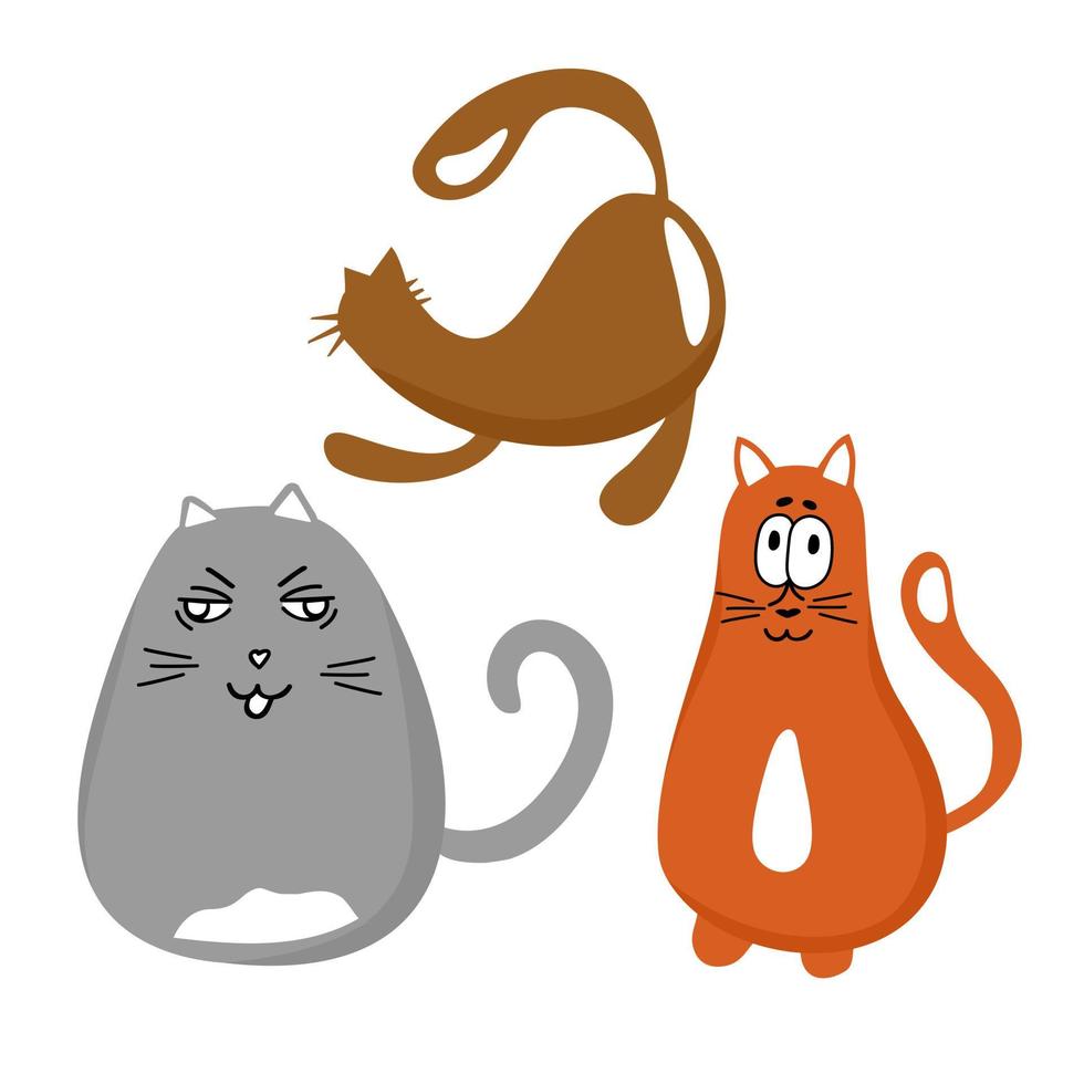 een set van drie grappige katten in een vlakke stijl. vector