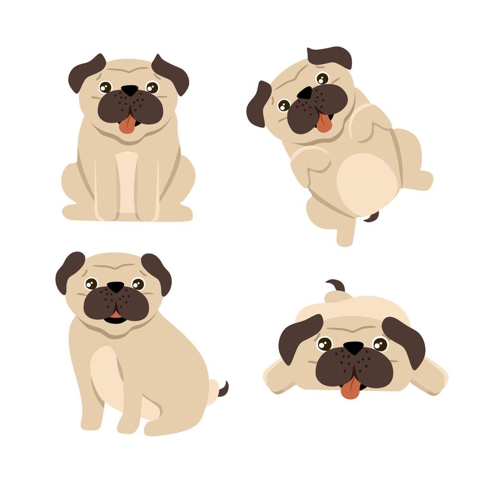 grappige pug set van 4 honden, vectorillustratie in een vlakke stijl. voor gebruik bij het bedrukken van souvenirs, ansichtkaarten en textiel. vector