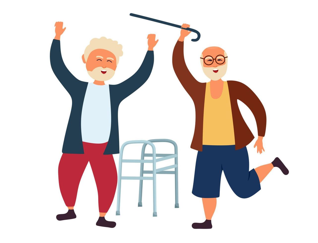 opa's oude mensen dansen een wandelstok en een rollator weg. de oudere man heeft plezier. vectorillustratie geïsoleerd op een witte achtergrond. vector