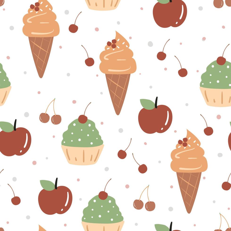 naadloze patroon schattige cartoon dessert en fruit. voor kinderbehang, stoffenprint en cadeaupapier vector