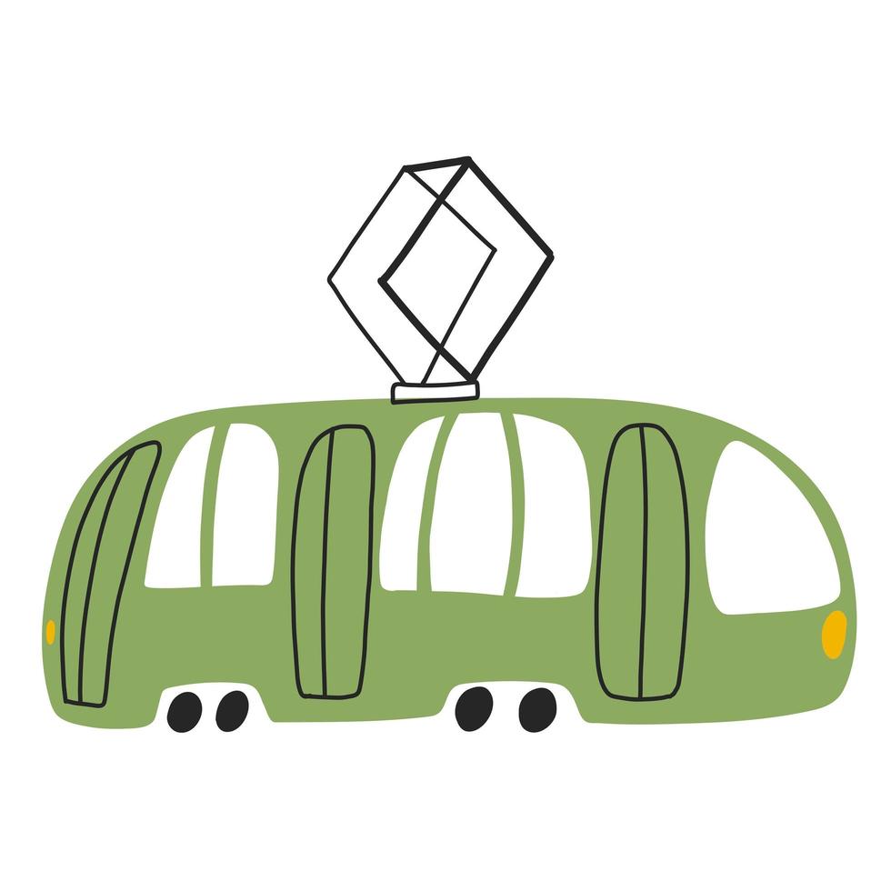 groene tram geïsoleerd op een witte achtergrond in cartoon hand getrokken stijl. kinderachtig transportpictogram voor kinderdagverblijf, babykleding, textiel en productontwerp, behang, inpakpapier, kaart, scrapbooking vector