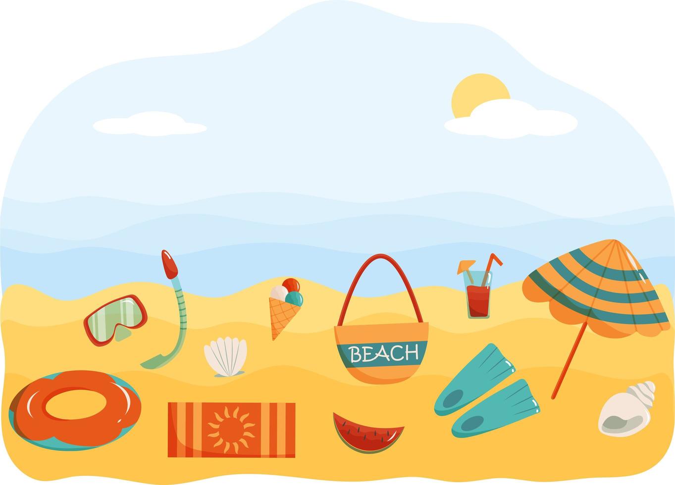 vectorillustratie van zomer banner met kleurrijke strand elementen tegen de achtergrond van golven van de zee. vector