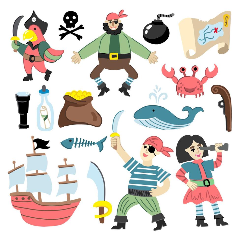 een verzameling kinderafbeeldingen in een eenvoudige piratenstijl vector