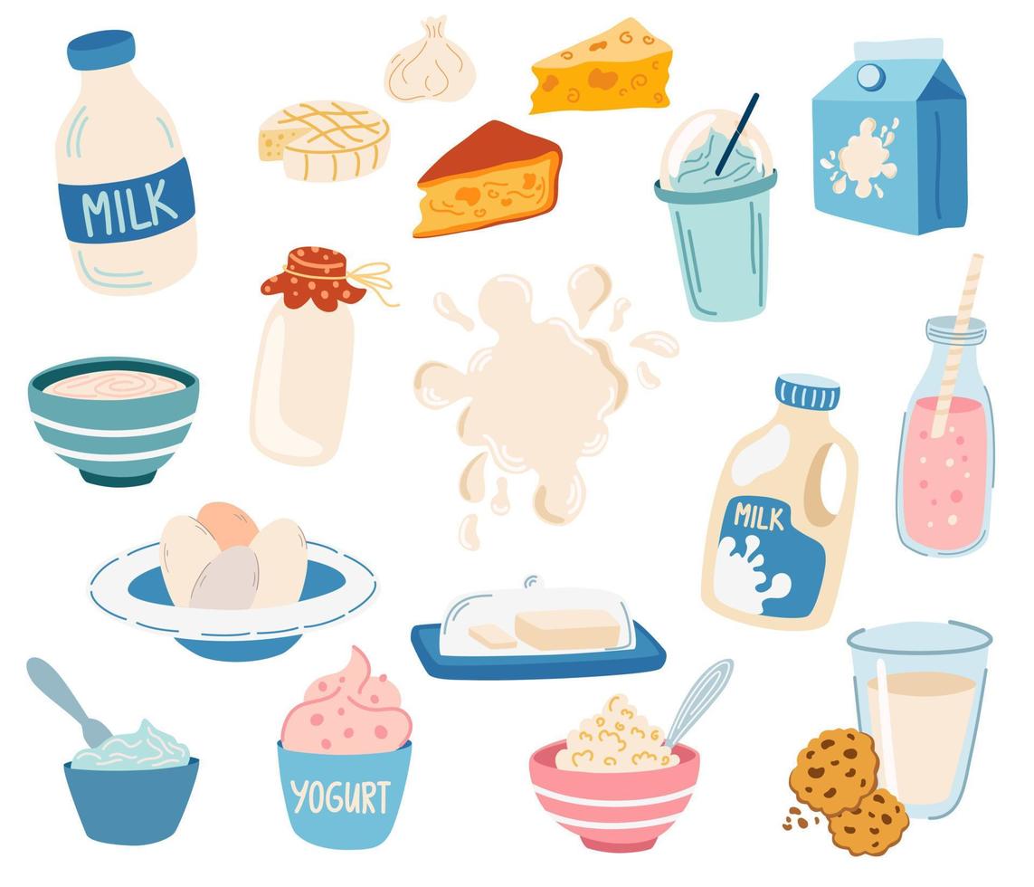 zuivelproducten. melk, room, boter, kwark, eieren, kaas, yoghurt. calcium ingrediënt. lactose. gezond eten. vectorillustratie cartoon geïsoleerd op de witte achtergrond. vector