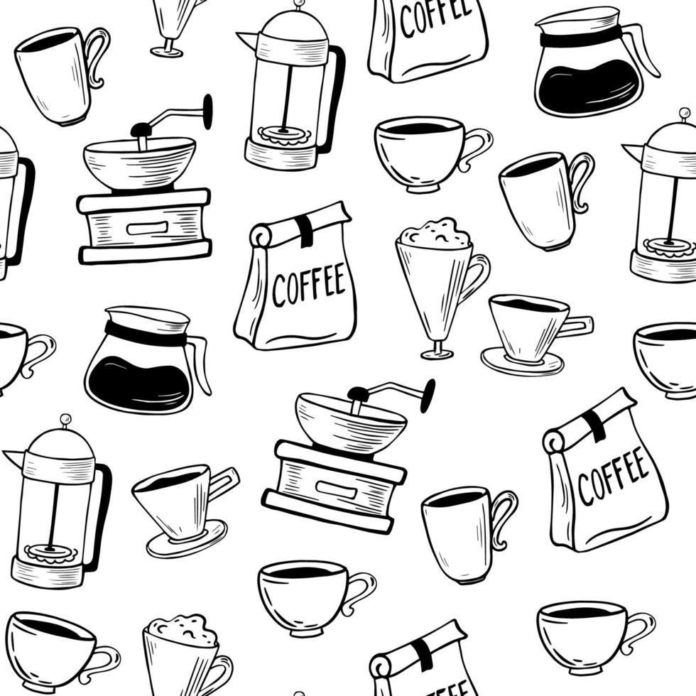 koffie naadloze patroon. hand getekende achtergrond met koffie partij collectie. perfect voor verpakking, textiel, print. vector cartoon illustratie