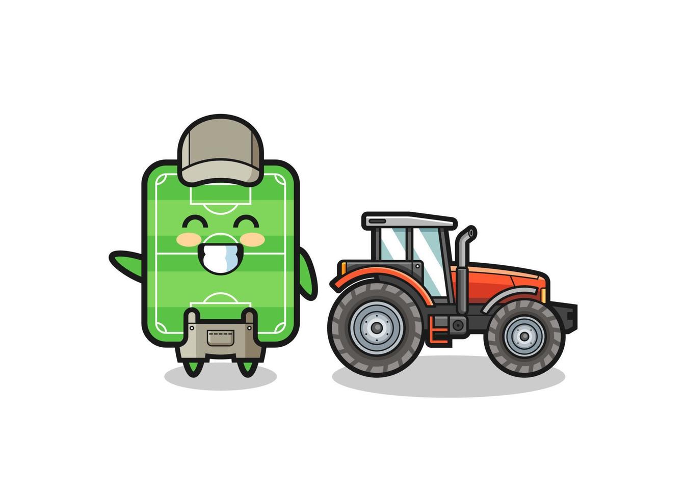 de mascotte van de voetbalveldboer die naast een tractor staat vector