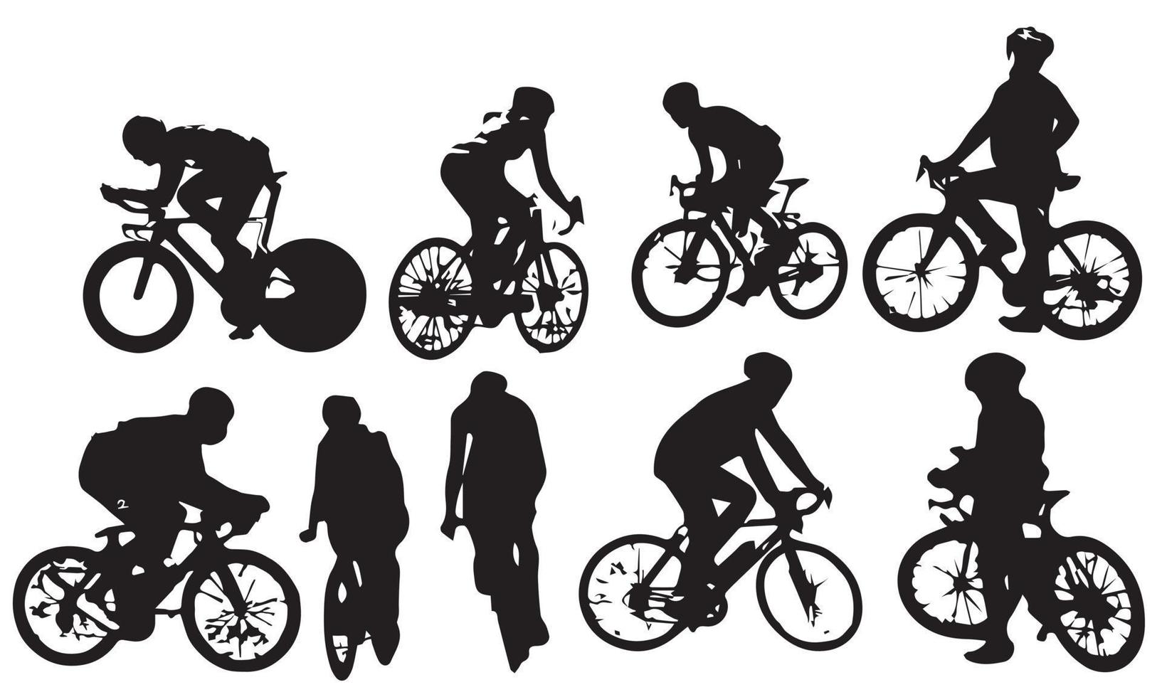 een reeks fietsfietsers die hun fietsen in het ontwerp van de silhouetten vectorillustratie berijden vector