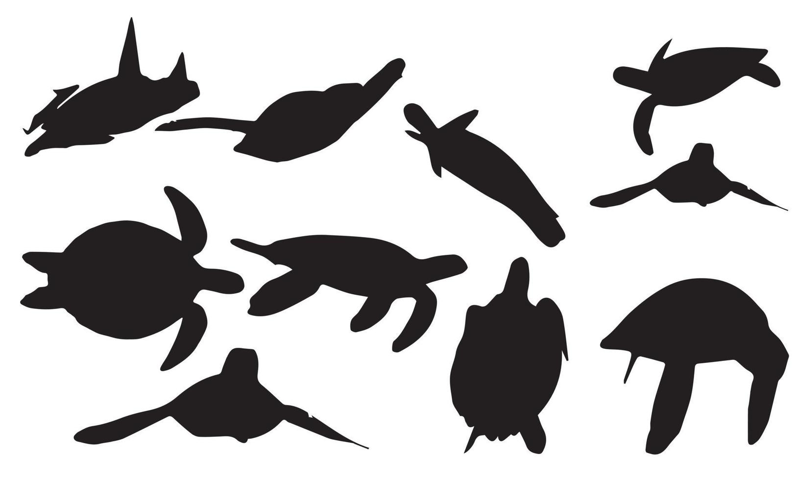 set van zwarte silhouet grote zeeschildpad cartoon schattige dieren ontwerp Oceaan schildpad zwemmen in water platte vectorillustratie geïsoleerd op een witte achtergrond. vector logo schildpad collectie