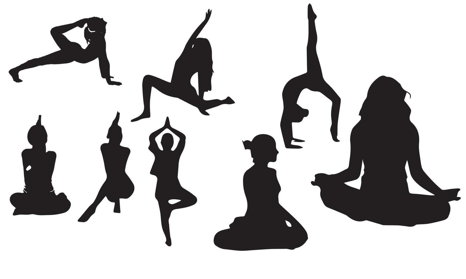 slanke sportieve jonge vrouw die yoga- en fitnessoefeningen doet. gezonde levensstijl. set van vector silhouet illustraties vector design