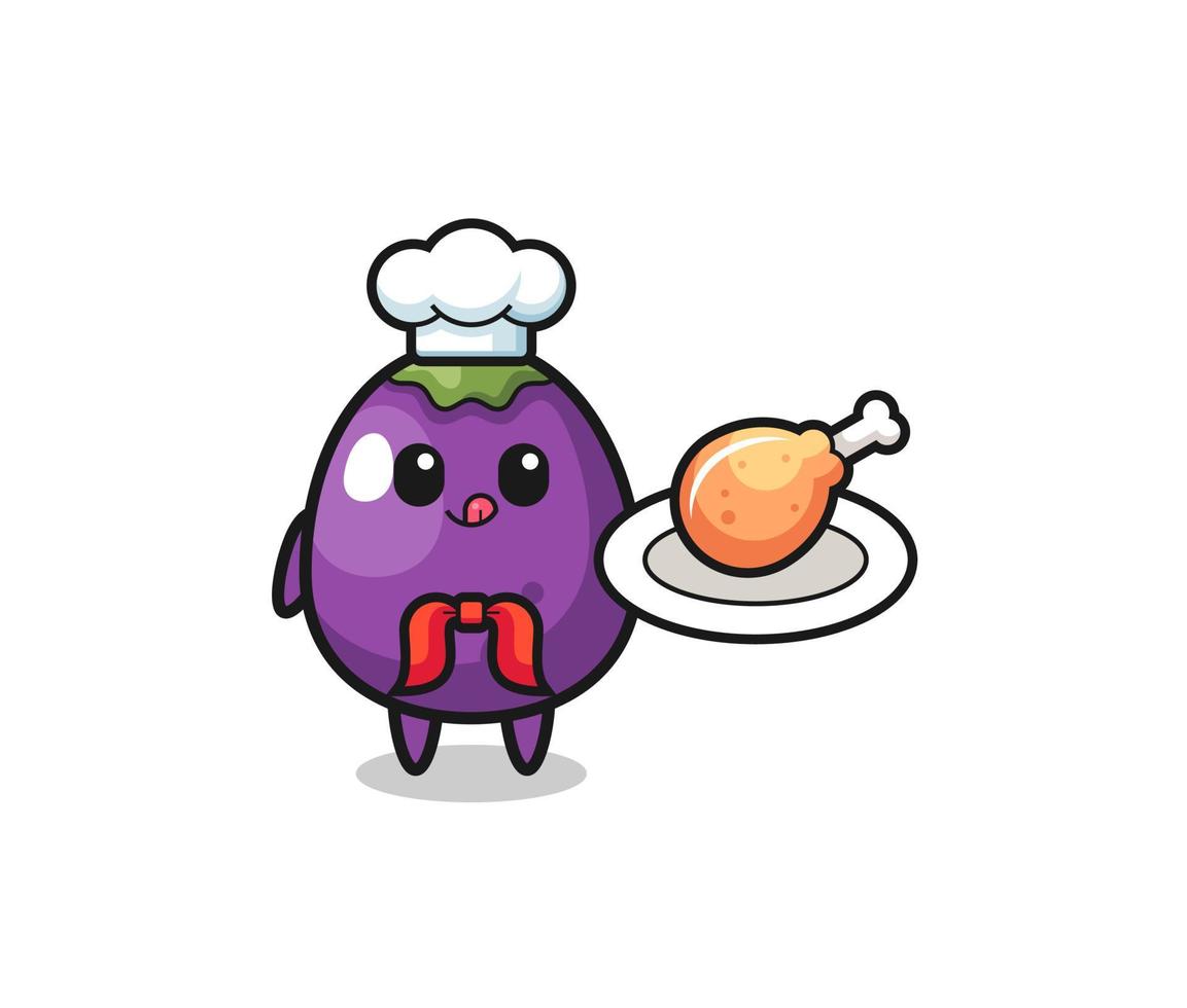 aubergine gebakken kip chef-kok stripfiguur vector