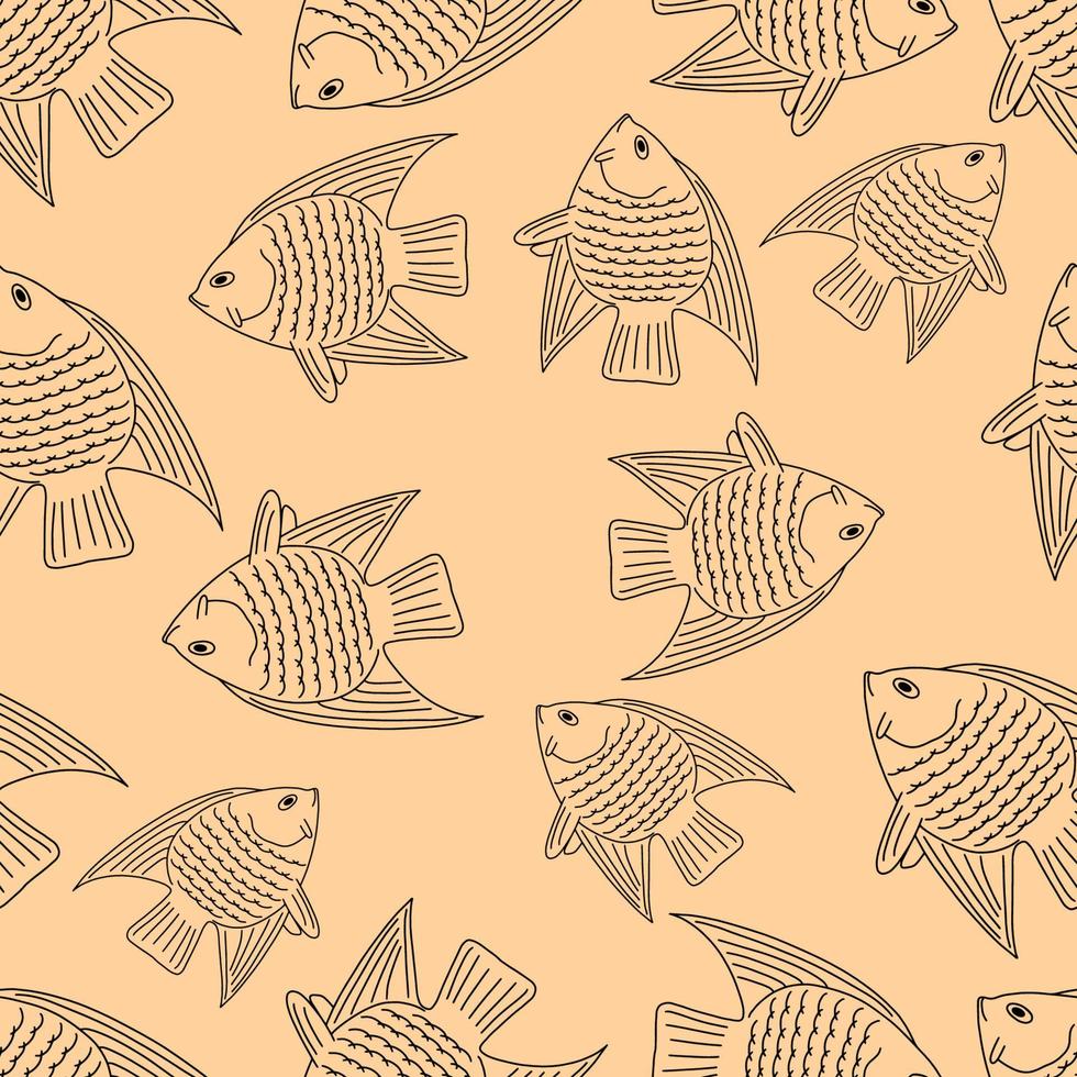 naadloos patroon met fish.nautical theme.doodle style.yellow background.black outline.vector illustration vector