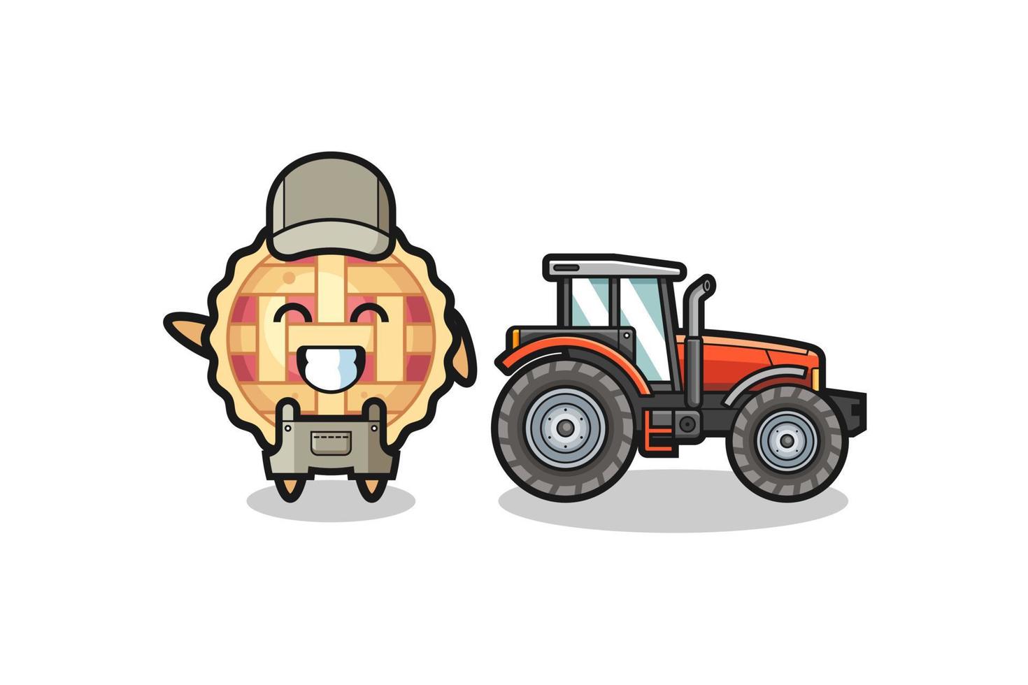 de mascotte van de appeltaartboer die naast een tractor staat vector