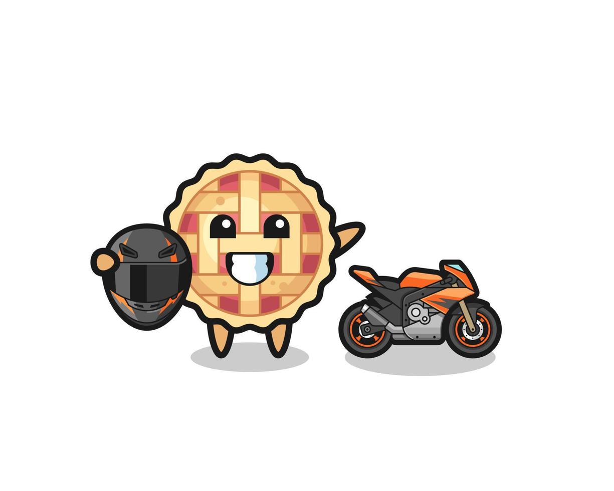 schattige appeltaartcartoon als motorcoureur vector