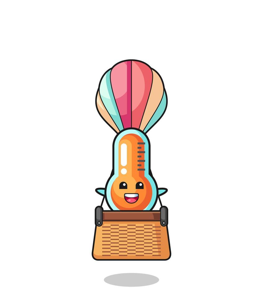 thermometermascotte die een heteluchtballon berijdt vector